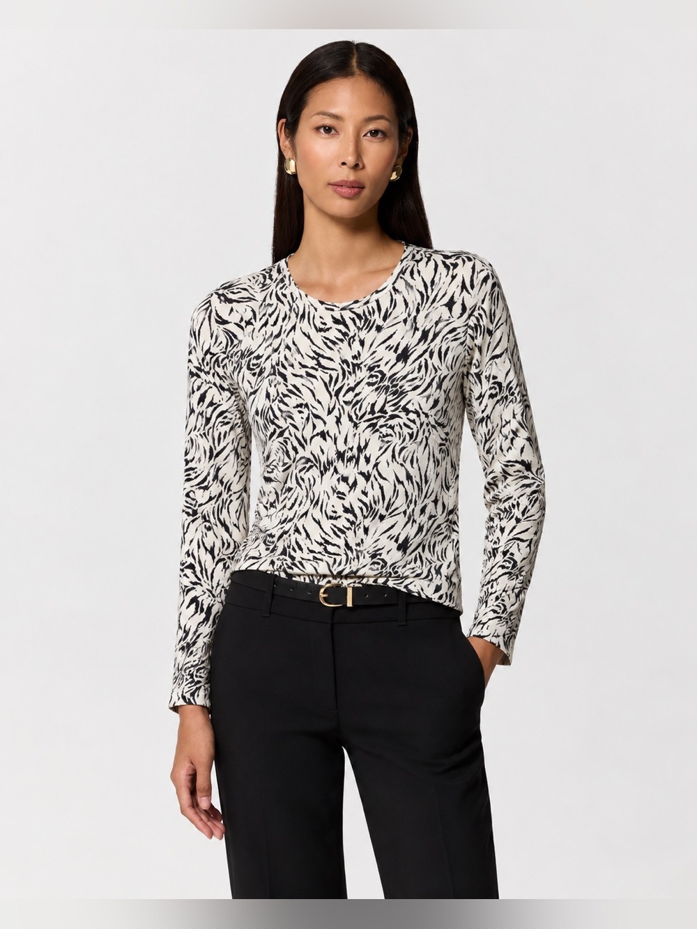 Cache Vintage Crewneck Long Sleeve Animal Print Stretch Shirt Top Size 8 105